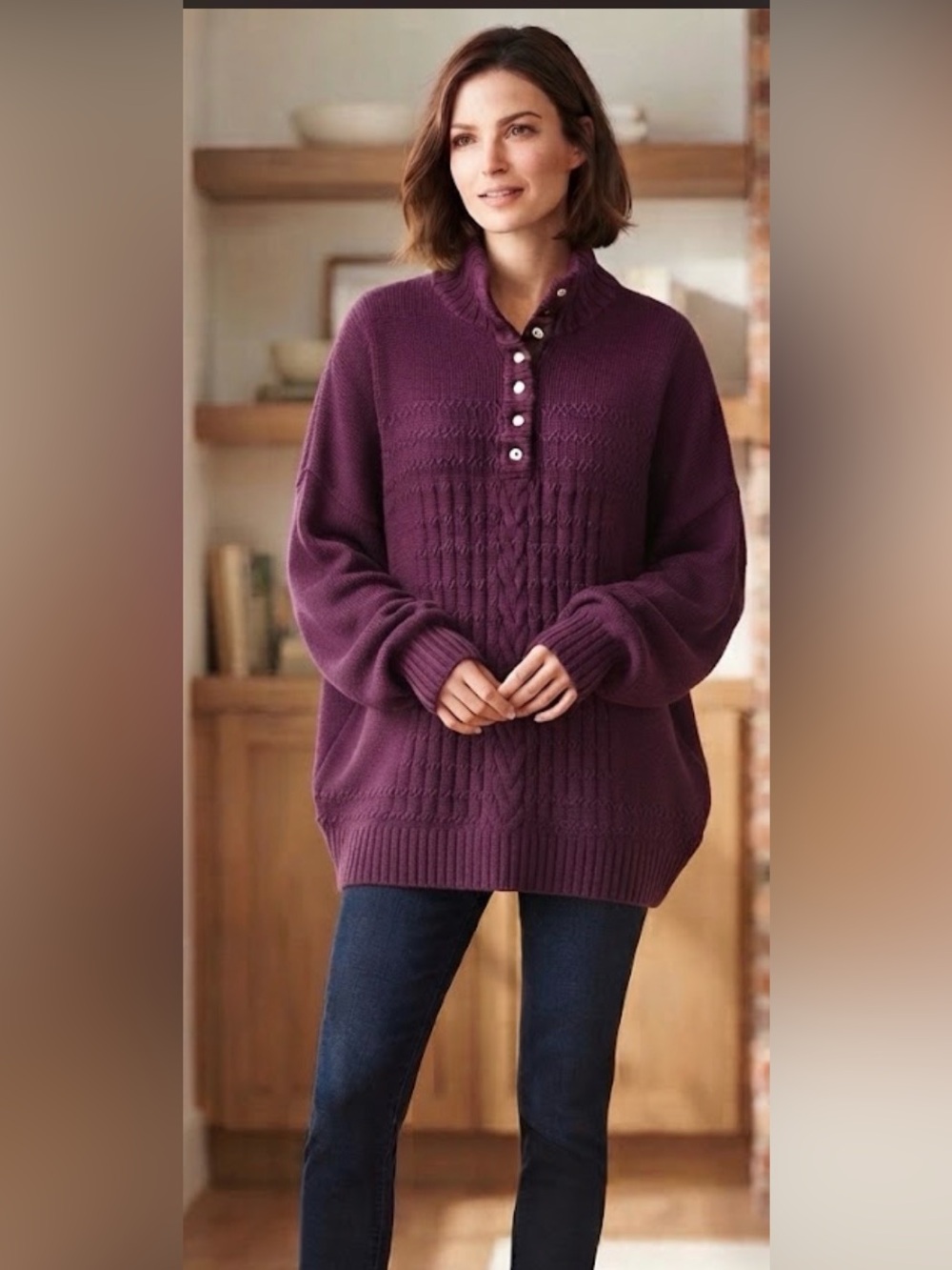 Talbots Plum Purple Cable Knit Mock Neck Gold Snap Pullover Sweater